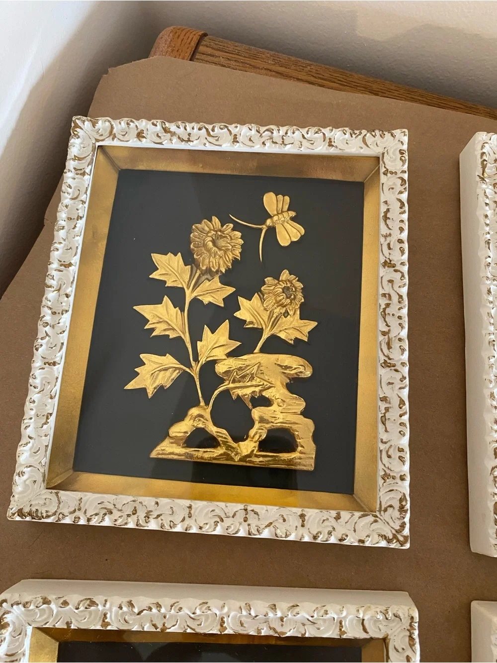 Gold Botanical Wall Art Set Four Seasons, Framed shadow boxes, MCM Vintage gold